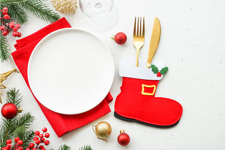 Christmas table setting. White plate, a Food & Drink Photo by Nadia-nb