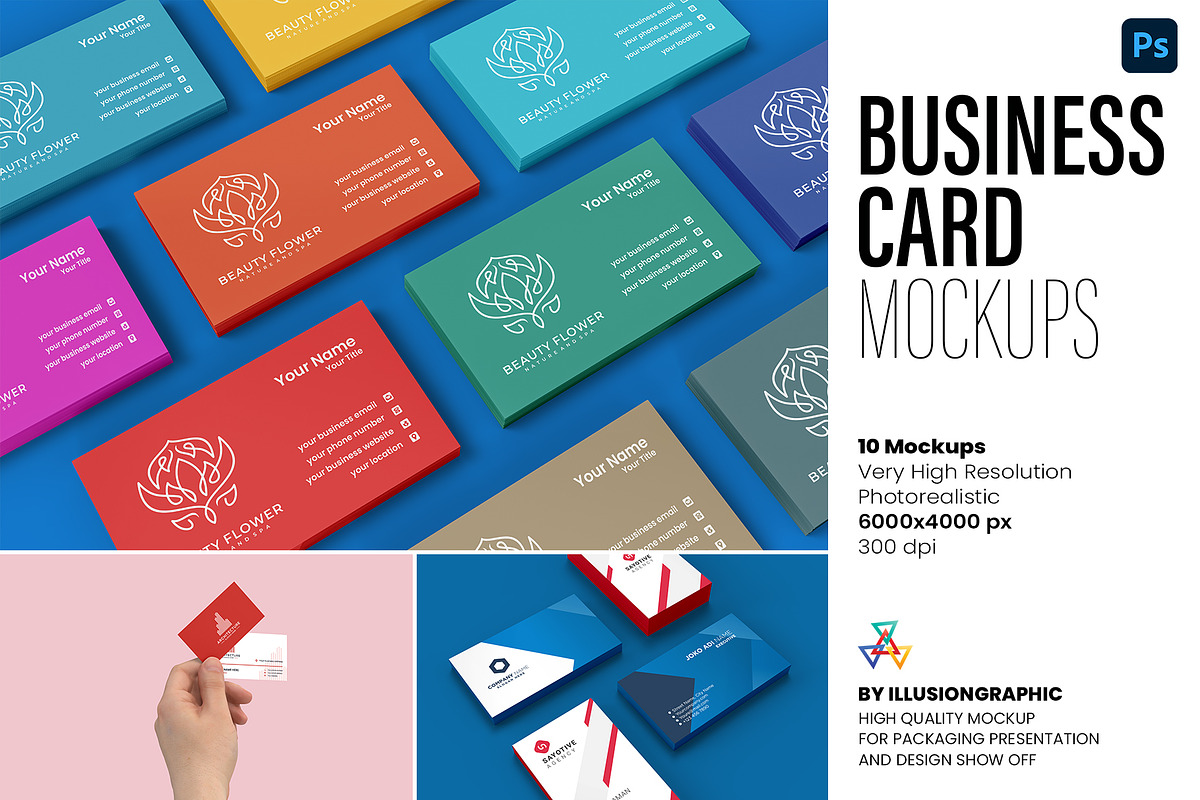 Business Card Mockups - 10 Views, an Advertising Mockup by Illusiongraphic (Photo 1 of 24)