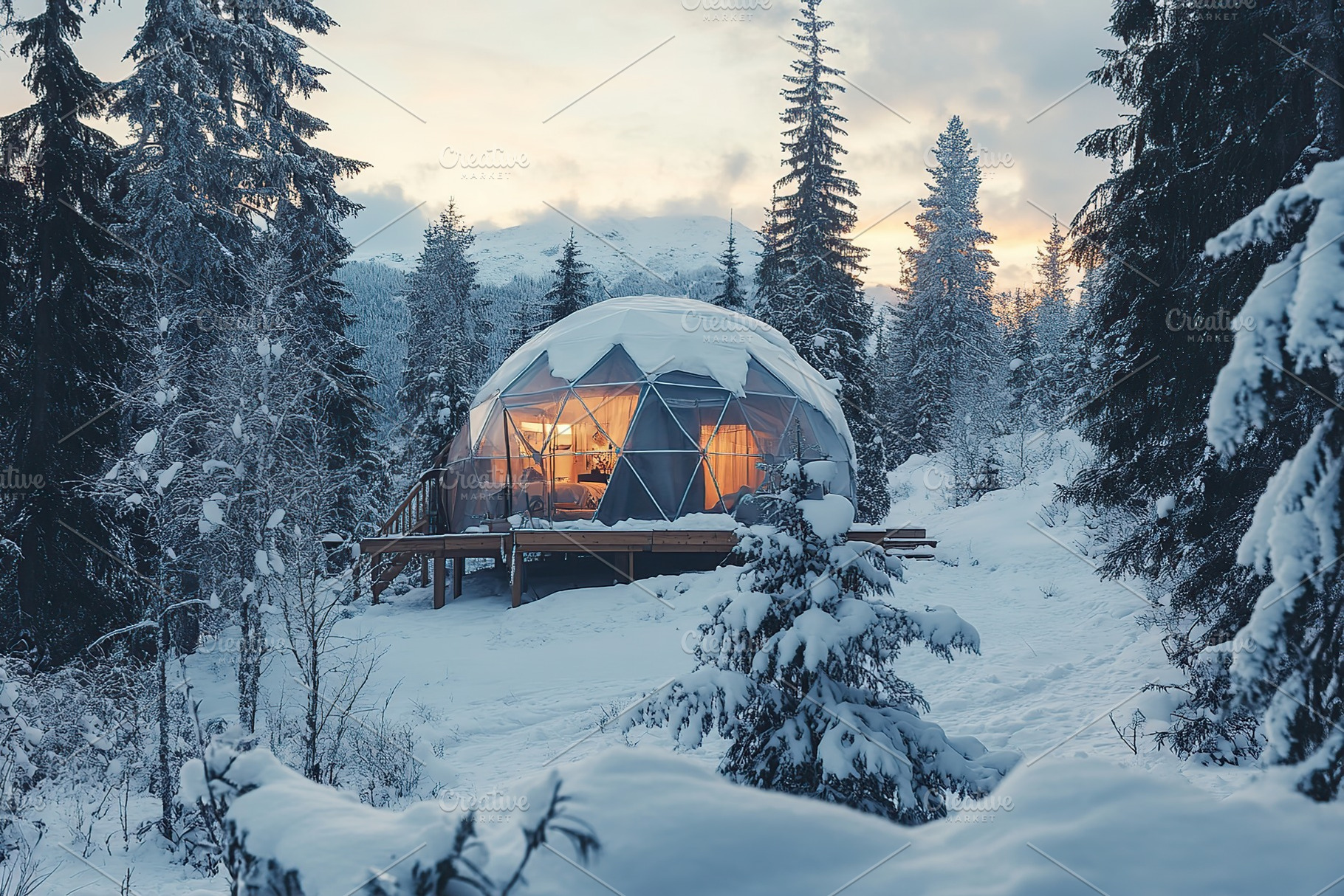 Dome glamping in winter pine forest, an Architecture Photo by AlyaAnd