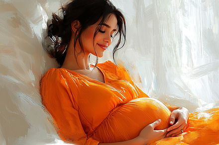 Peaceful pregnant woman smiling while resting comfortably in bed, an Illustration by AS photostudio