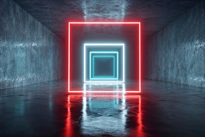Vibrant neon lights illuminate modern tunnel with reflective surfaces, a Background Photo by OSORIOartist