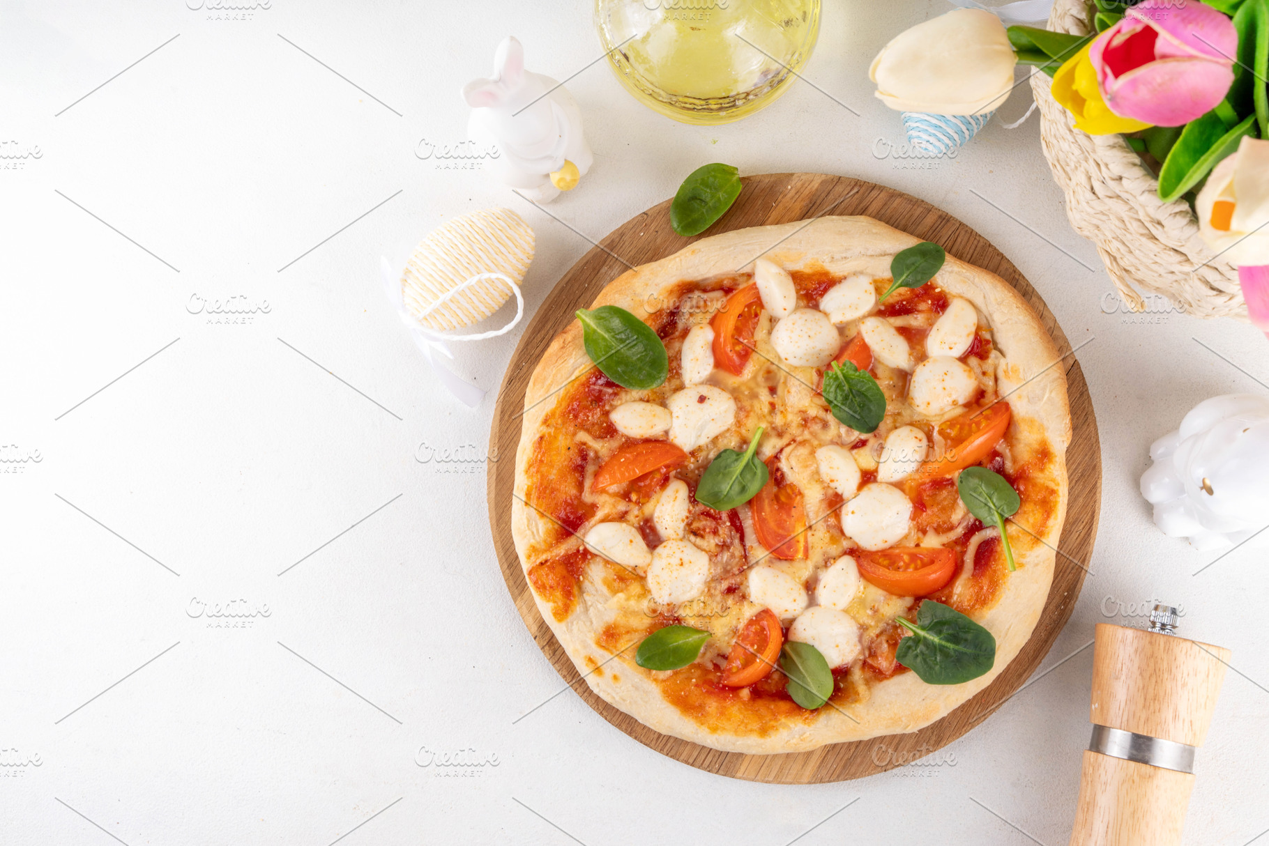 Easter pizza with bunny faces made with mozzarella cheese, a Food & Drink Photo by Rimma