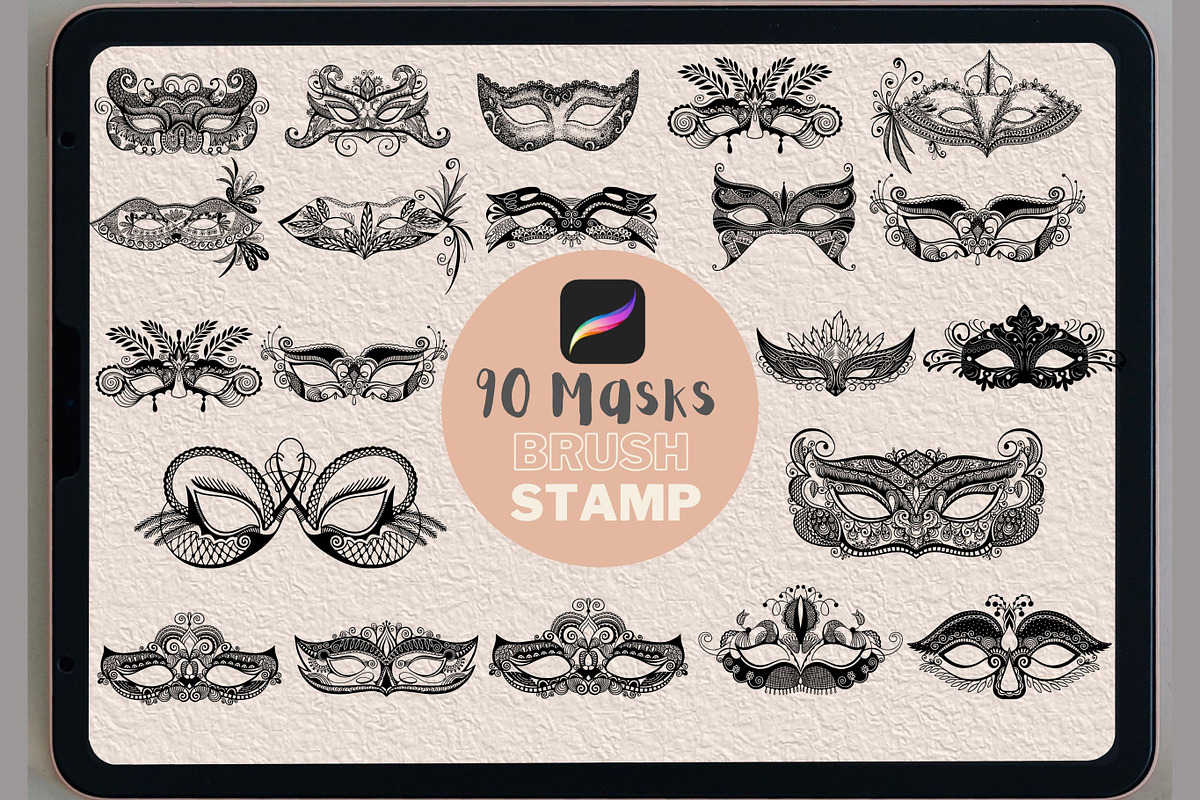 Procreate stamps, Masquerade mask, a Brush Add-On by TaKong Magics (Photo 1 of 4)