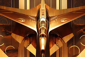 A stylized golden jet aircraft with sleek lines and an artistic background feat, an Arts & Entertainment Photo by Textures & Backgrounds