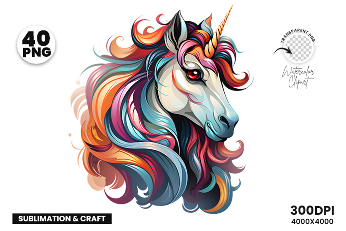 40 Watercolor Cute Unicorn Clipart, an Animal Illustration by Creative Arslan (Photo 6 of 7)