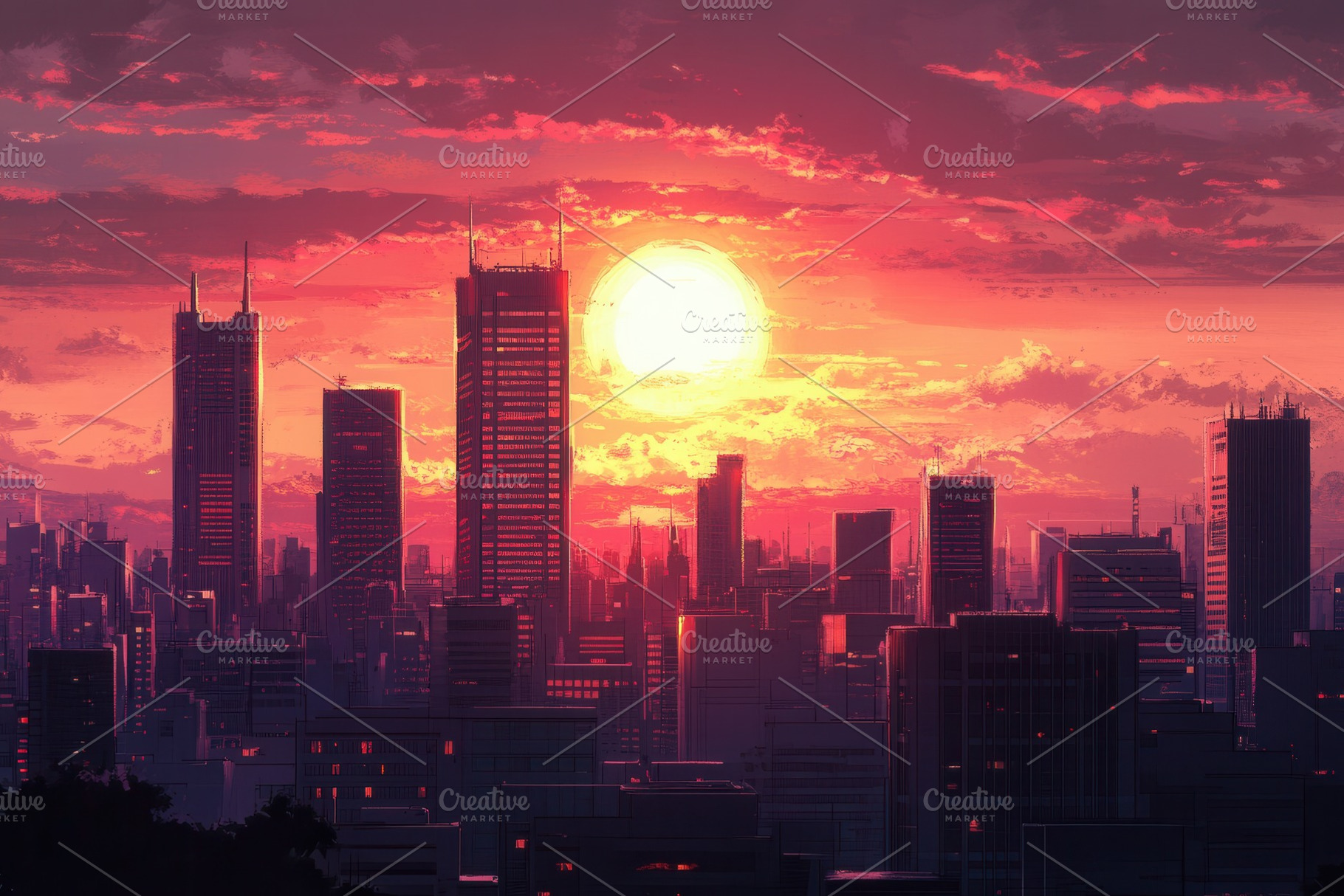 Warm toned city skyline at sunset, a Photo by Pavel_design