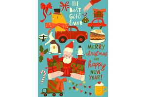 Cute Cartoon Set With Santa Claus