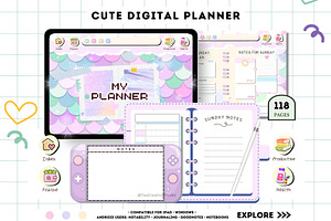 Cute Pastel Undated Digital Planner, a Stationery Template by Tas Creative Studio