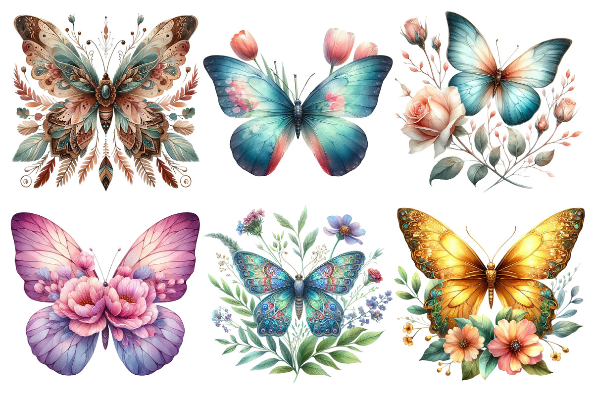 Watercolor Floral Butterfly Clipart, an Illustration by Pixels.Craft (Photo 5 of 6)