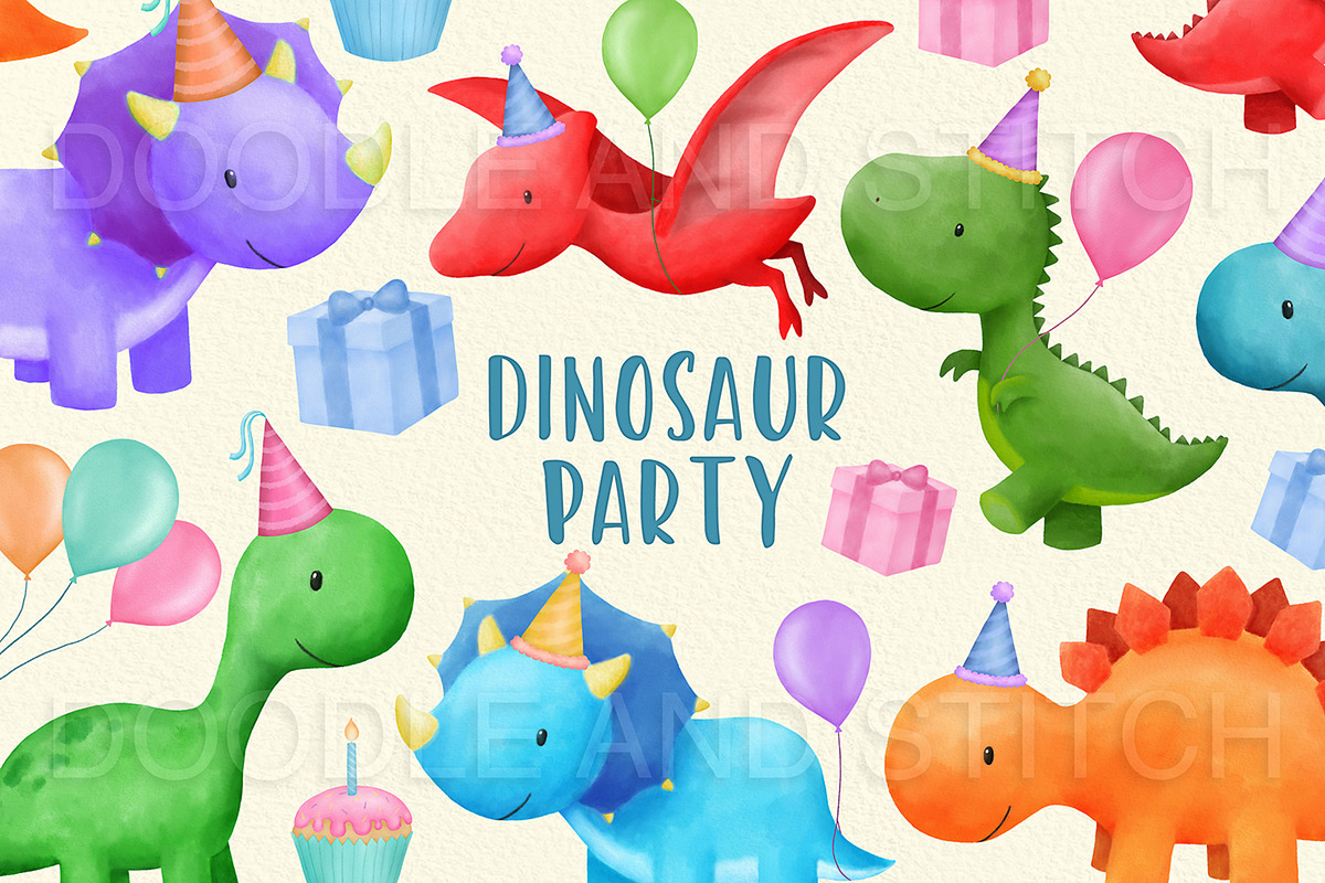 Dinosaur Party Watercolor Clipart, an Animal Illustration by Doodle and Stitch (Photo 1 of 2)