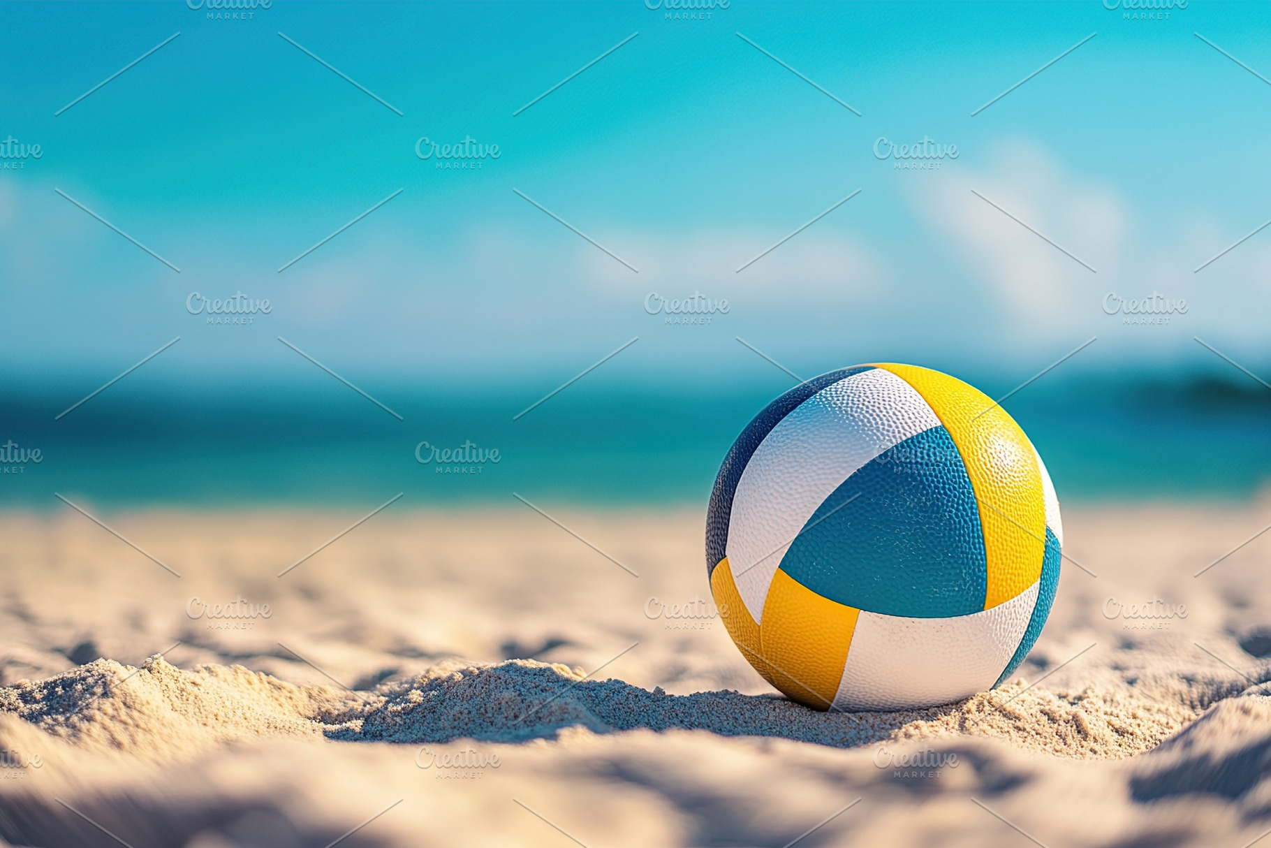 Clean volleyball on sandy beach with ocean view under clear sky, a Photo by AlyaAnd