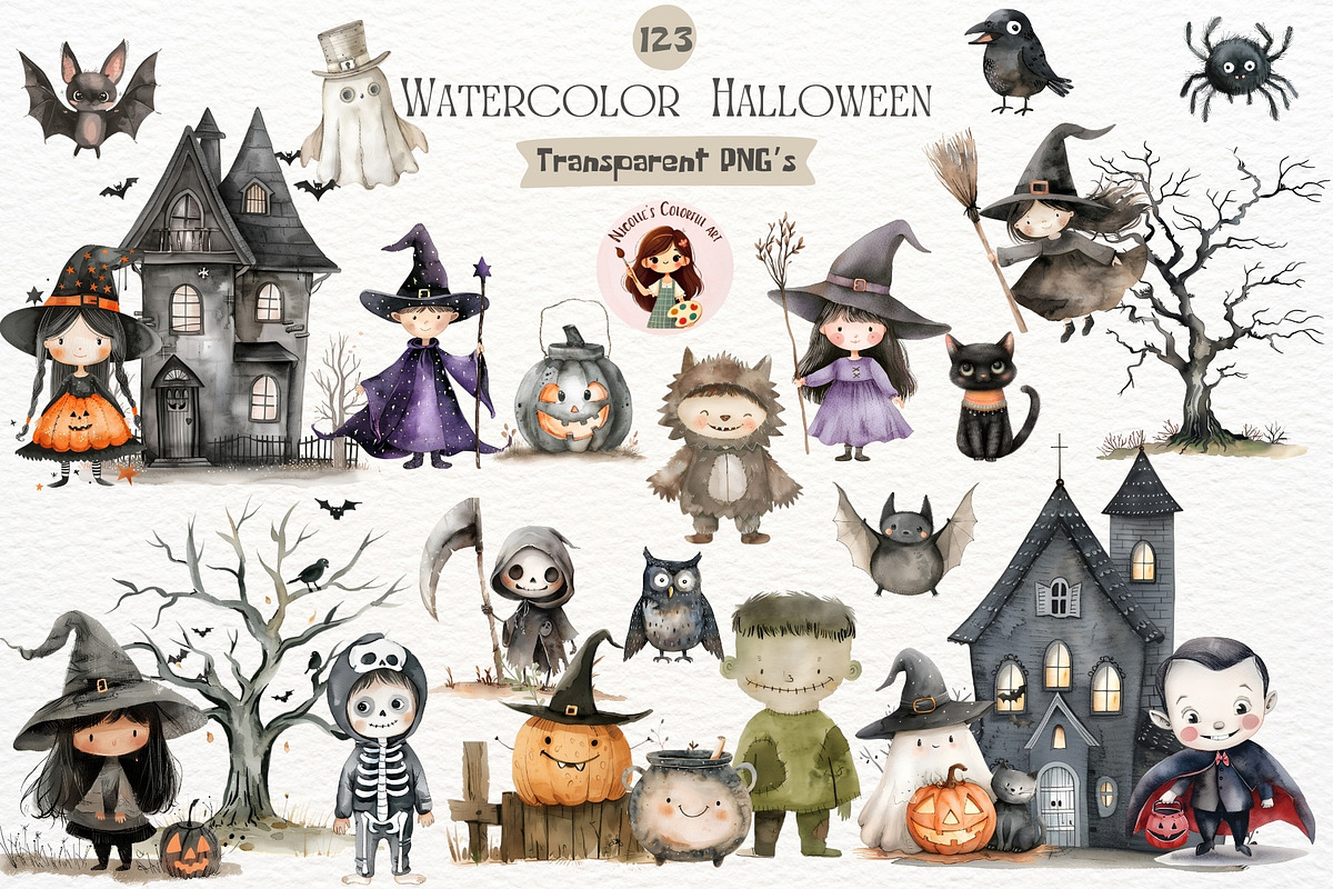 Watercolor Cute Halloween Cliparts =, an Illustration by Nicolle's Colorful Art (Photo 1 of 7)