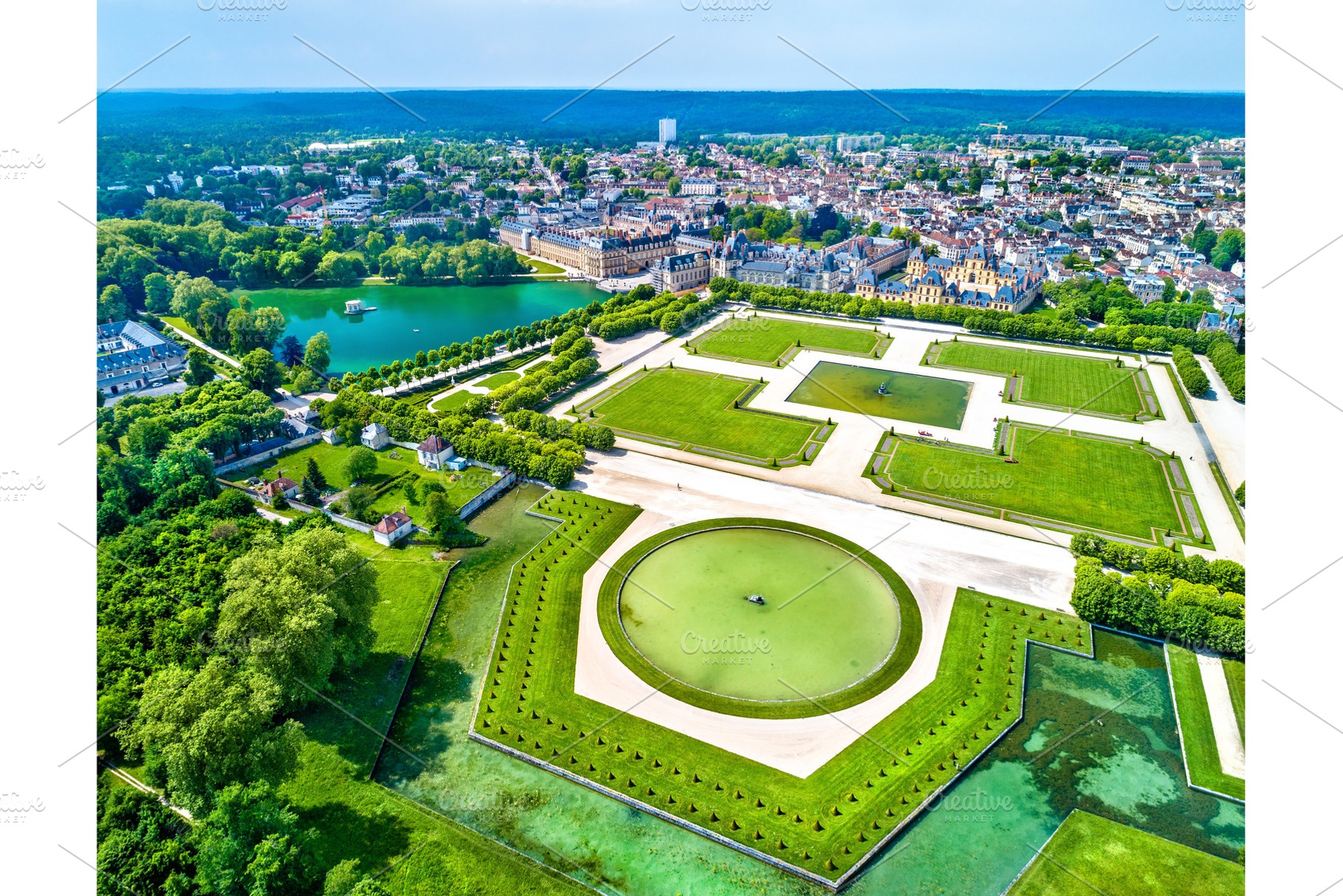 Aerial view of chateau de fontainebleau with its gardens a unesco world, an Architecture Photo by Leonid Andronov