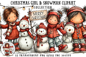 Christmas Girl & Snowman Clipart, an Illustration by OK Design