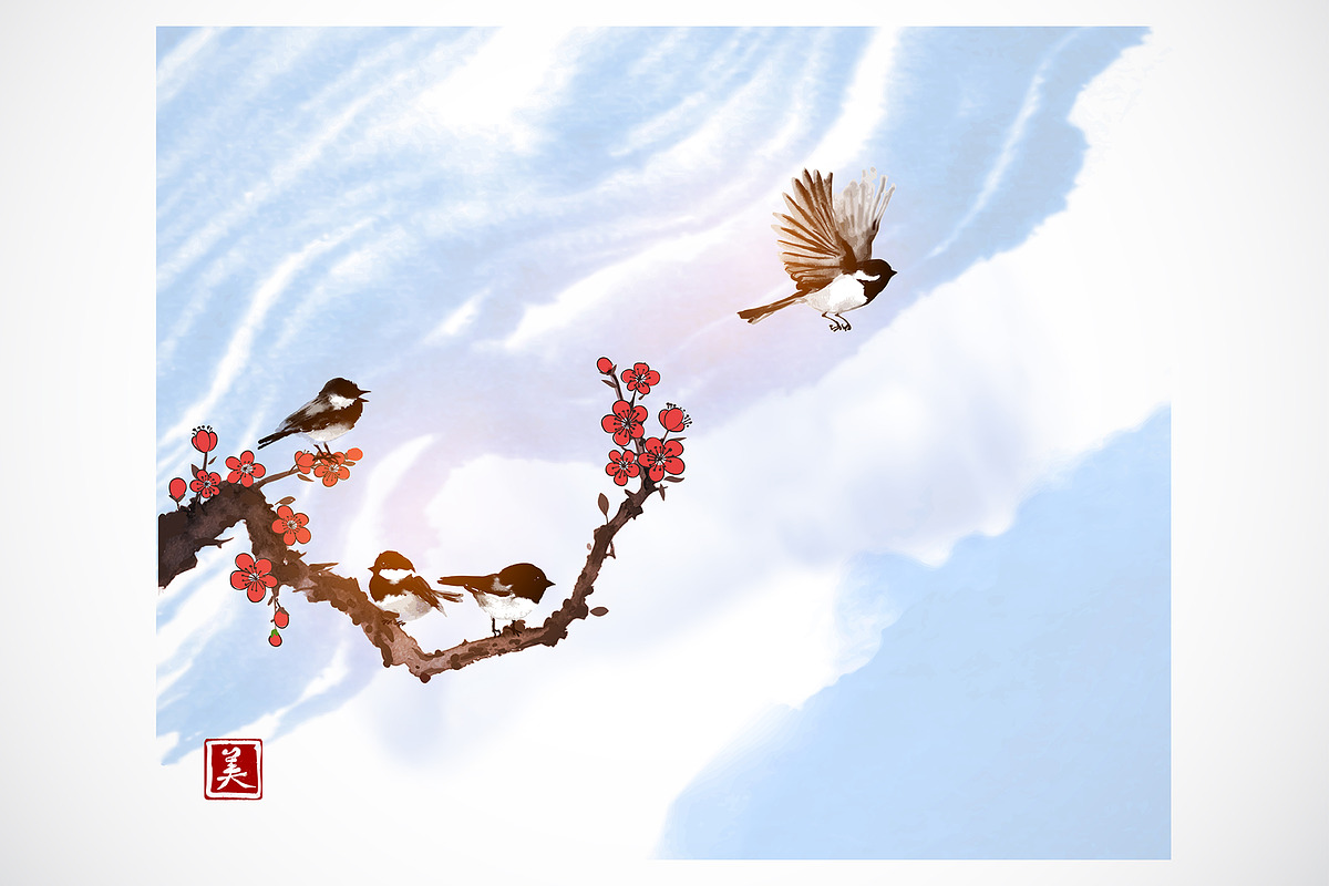 Japanese ink painting sumi-e. Birds., an Animal Illustration by Elina_Li (Photo 7 of 25)