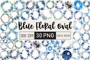 Blue Floral Oval Frame Clipart Png, an Illustration by Black Bird Studio