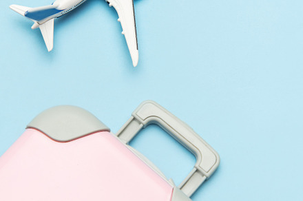 Pink suitcase, airplane model, and palm leaf on pastel blue back