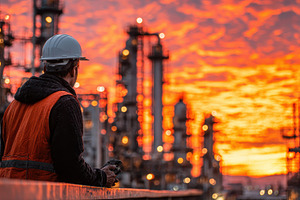 Refinery worker sunset view industri, a Photo by Pixeness Studio