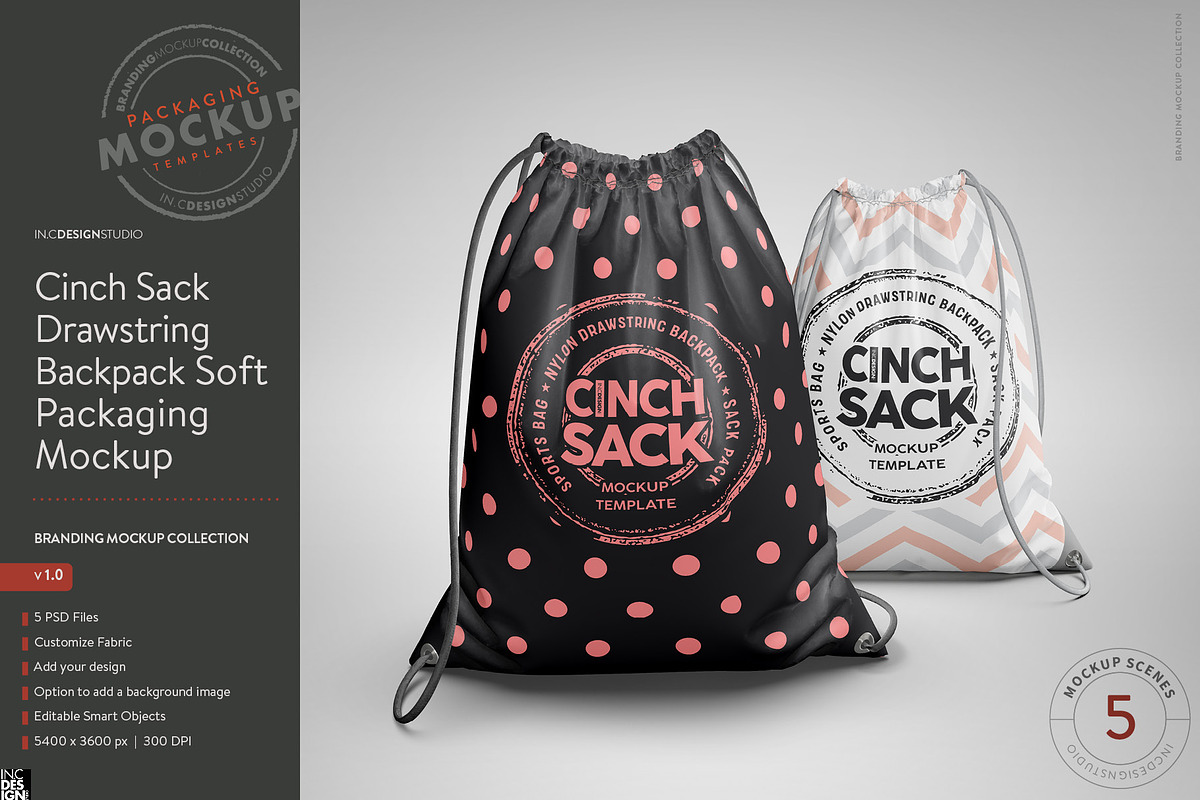 Drawstring BackpackCinch Sack Mockup, a Packaging Mockup by INCDesign (Photo 1 of 6)