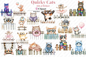 Quirky Cats on a fence clipart, an Illustration by Watercolor design