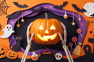 skeleton holding Halloween pumpkin