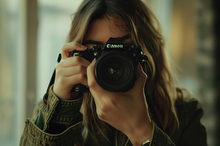 A young person holds a camera up, po, a Photo by Tanuart