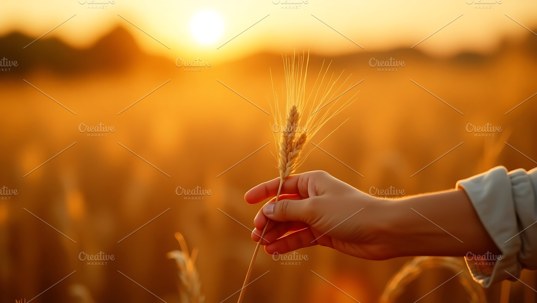 Hand holding wheat stalk in golden s, a Nature Photo by Artonix