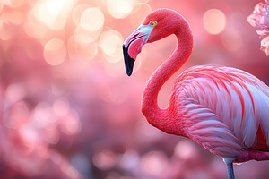 Closeup of vibrant pink flamingo surrounded by dreamy bokeh and, an Animal Photo by José Manuel Gelpi