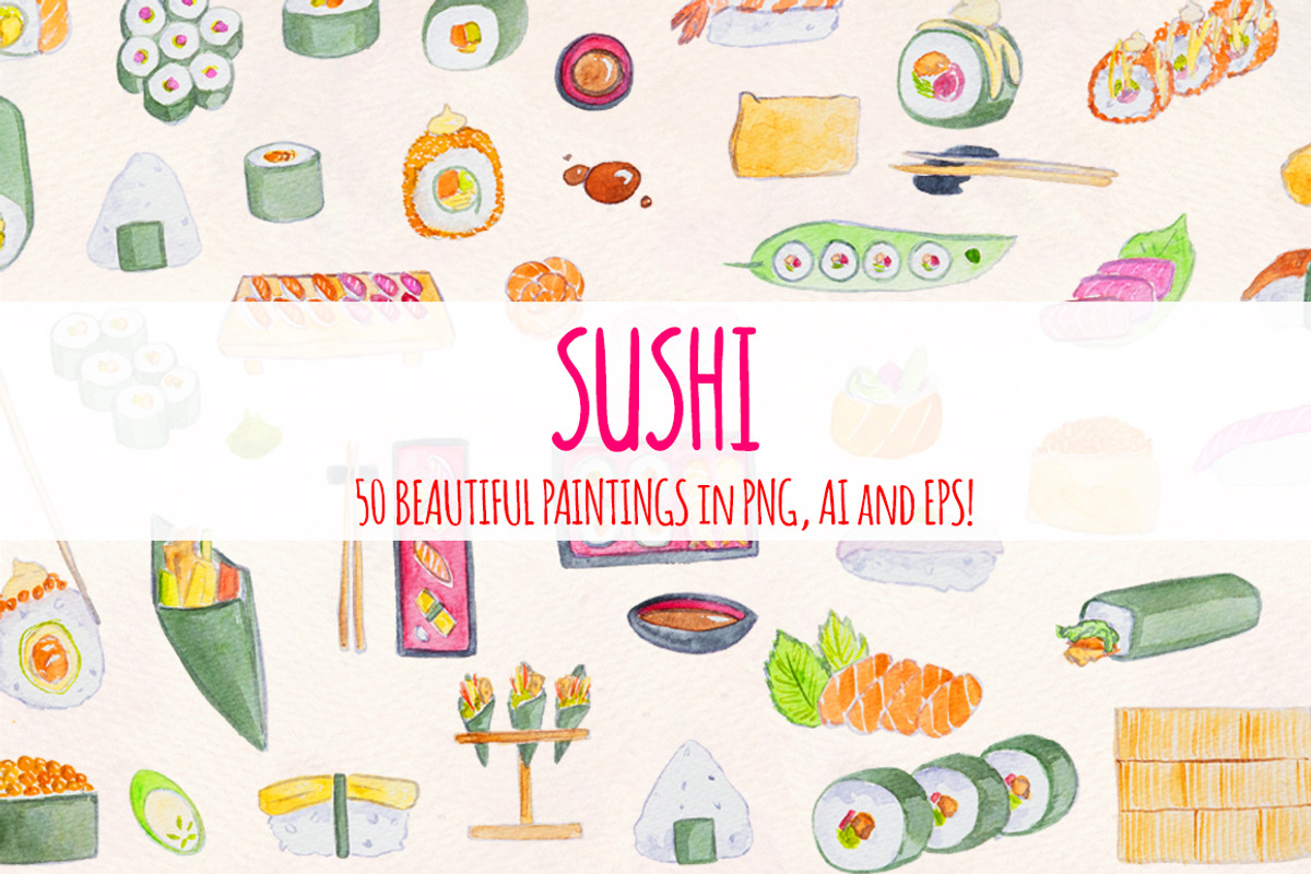 Sushi 50 Watercolour Handpainted Art, a Food Illustration by Violet LeBeaux (Photo 1 of 3)