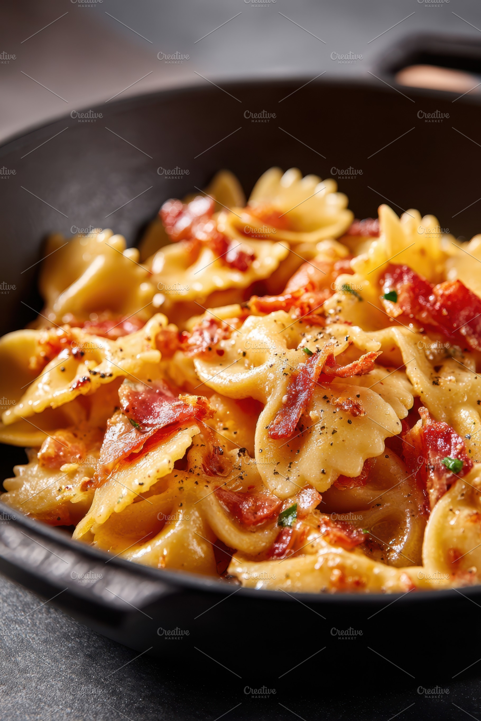 Delicious pasta with crispy bacon and herbs, a Food & Drink Photo by AlyaAnd