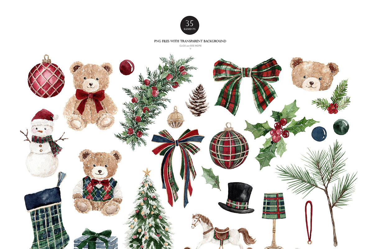 Watercolor Clipart- PREPPY Christmas, a Decorative Illustration by Beigetime (Photo 3 of 13)