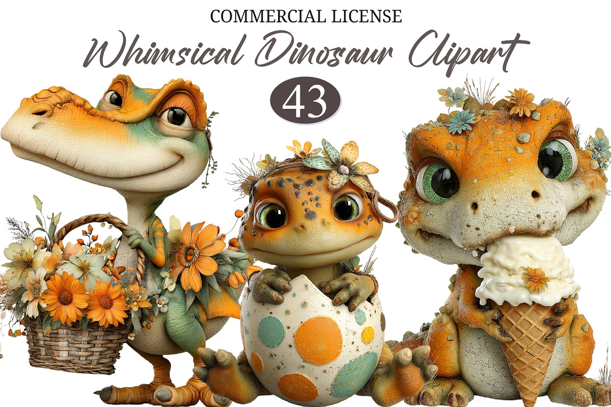 Whimsical Dinosaur Clipart, a Seasonal Illustration by designcity5 (Photo 1 of 5)