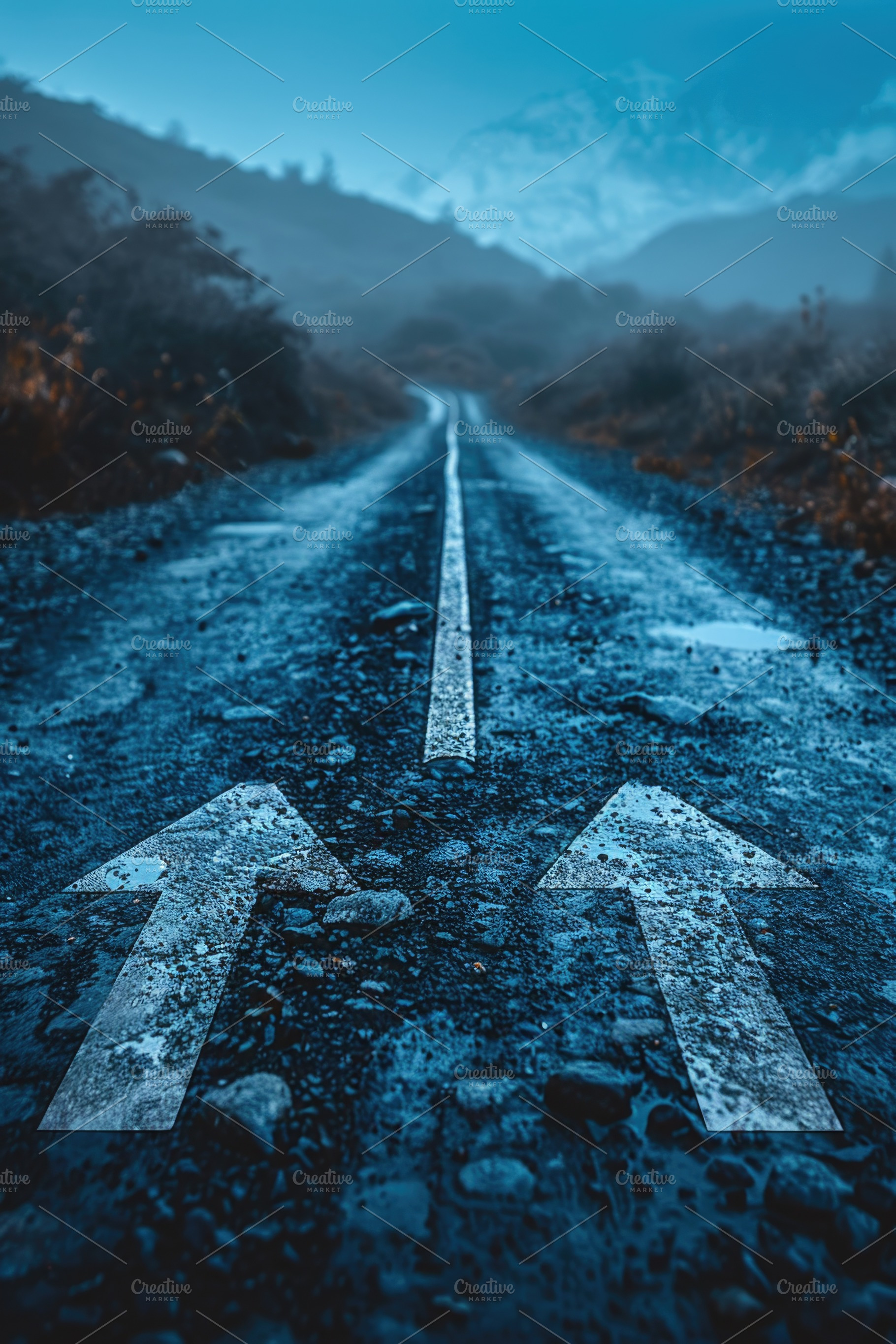 Foggy road with directional arrows leading forward, concept of d, an Abstract Photo by José Manuel Gelpi