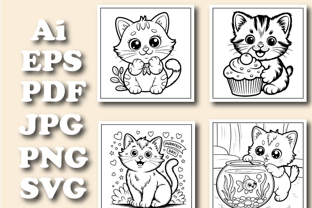 Cute Kawaii Cat Coloring Pages-Book, an Animal Illustration by Design Zone (Photo 4 of 5)