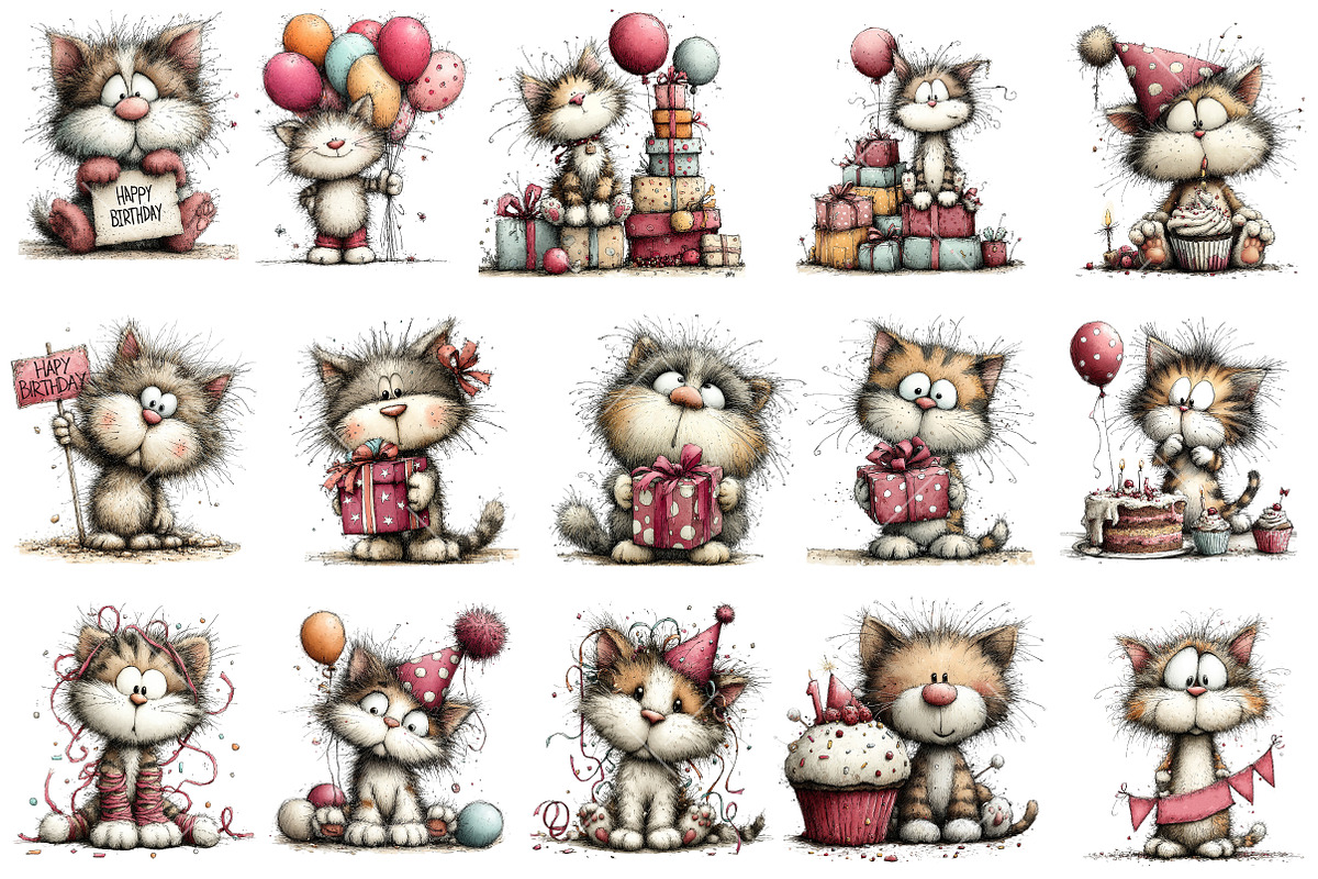 Whimsical Birthday Cat Clipart, an Illustration by OK Design (Photo 3 of 6)