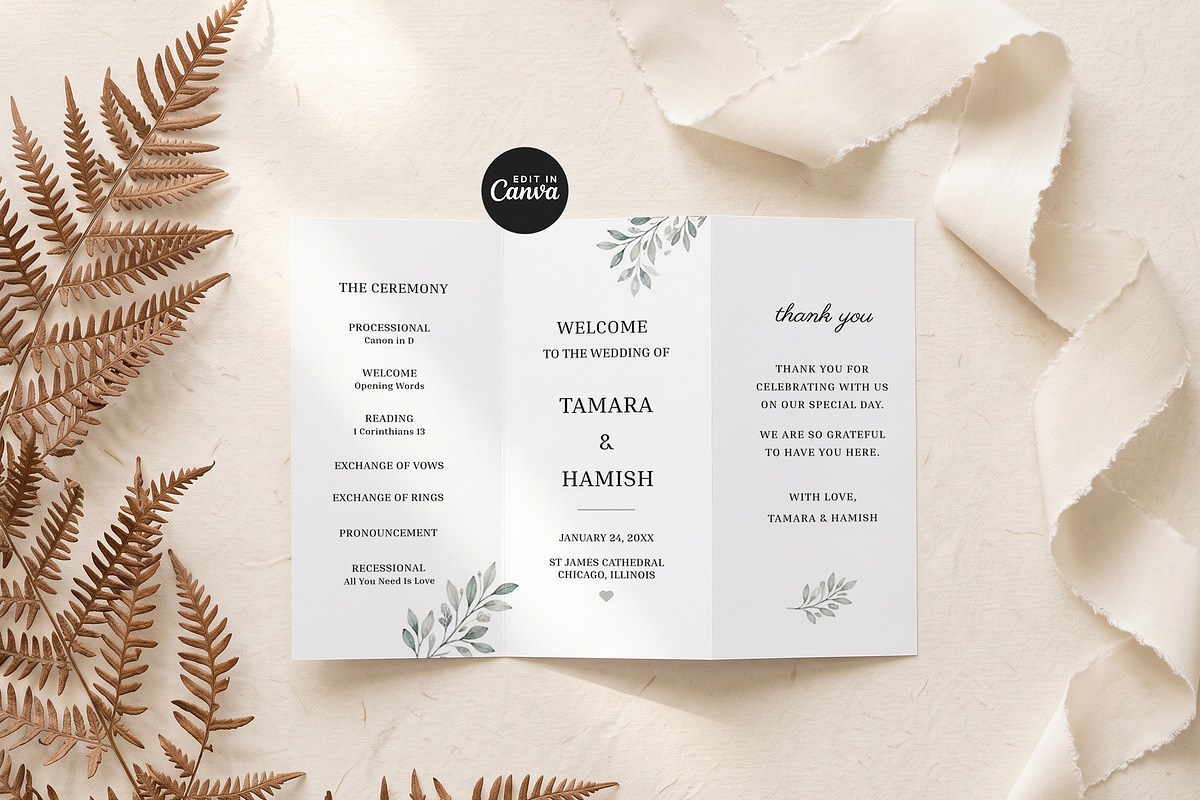 Greenery Wedding Program Template, an Invitation Template by Arslan (Photo 1 of 4)