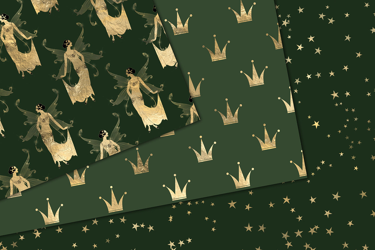 Green and Gold Fairy Digital Paper, a Pattern Graphic by Digital Curio