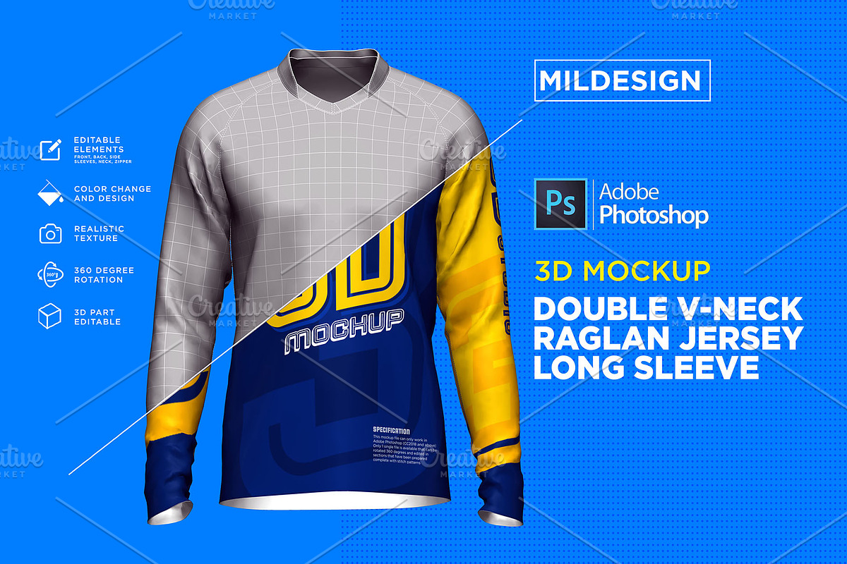 3D Double V-Neck Raglan Jersey LS, a Shirt Mockup by Mildstudio (Photo 4 of 8)