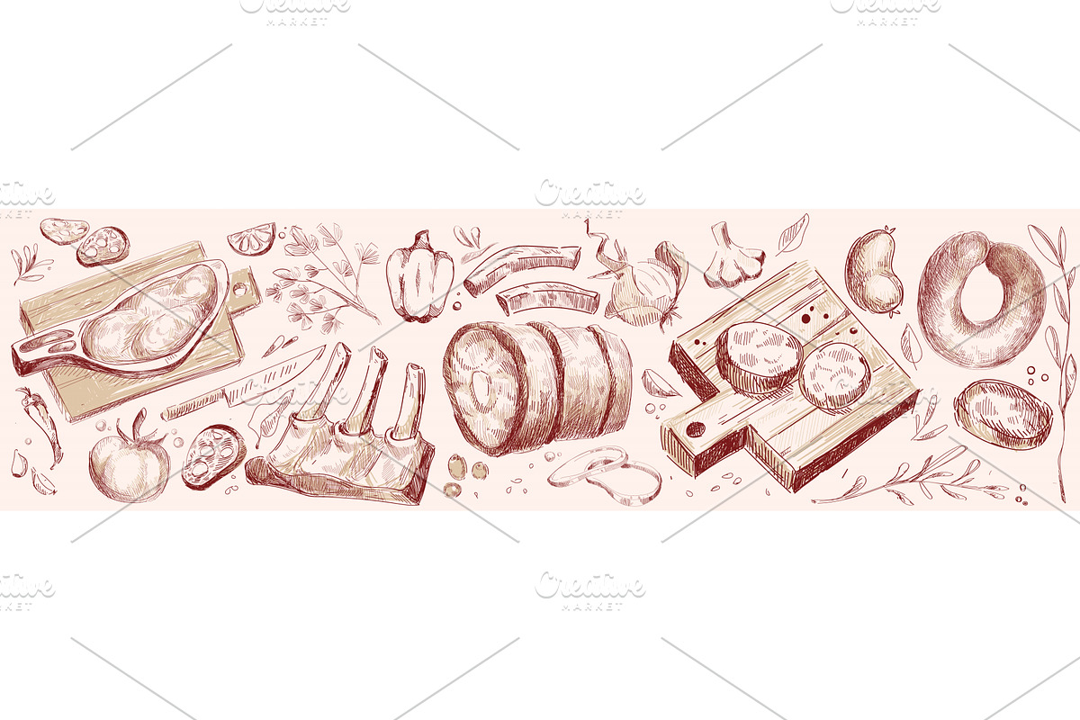 Fresh raw meat products on white, a Food Illustration by art PVP - market