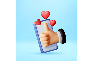 3D Hand showing thumb up with hearts, a Technology Illustration by Abscent