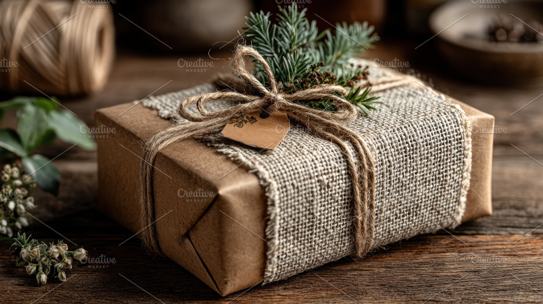 Rustic eco-friendly Christmas gift wrapped in kraft paper and bu, a Holiday Photo by José Manuel Gelpi