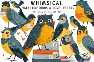 Whimsical Valentine Birds & Love Let, an Illustration by Libby Wishes