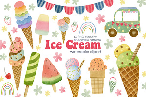 Watercolor Ice Cream Clipart.