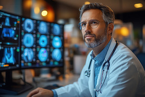 Doctor reviewing medical scans in a, a Photo by Tanuart