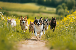 Dogs and cats play in valley, a Photo by Pavel_design