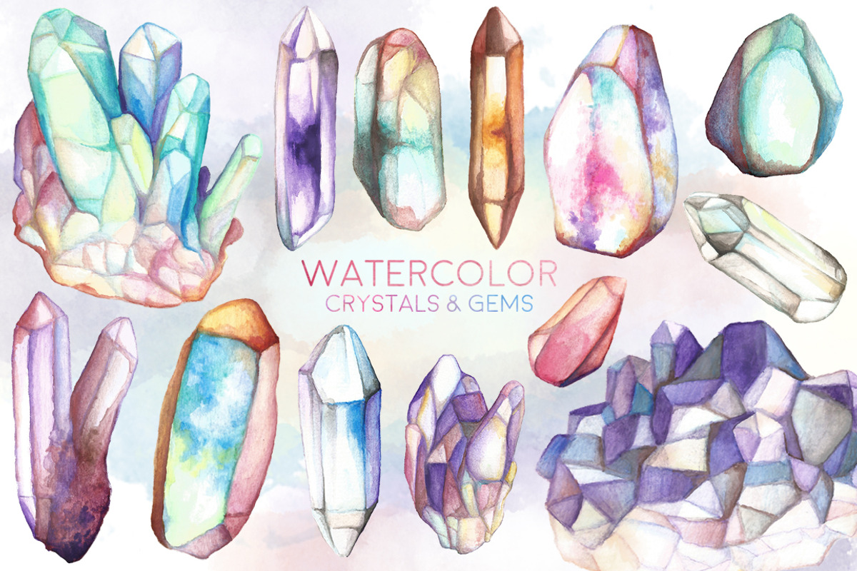 Watercolor Crystals & Gems Bundle, an Object Illustration by Kenna Sato Designs