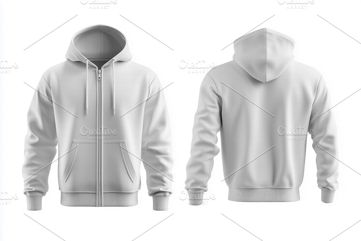 A plain white zip-up zipped hoodie mockup from the front and back