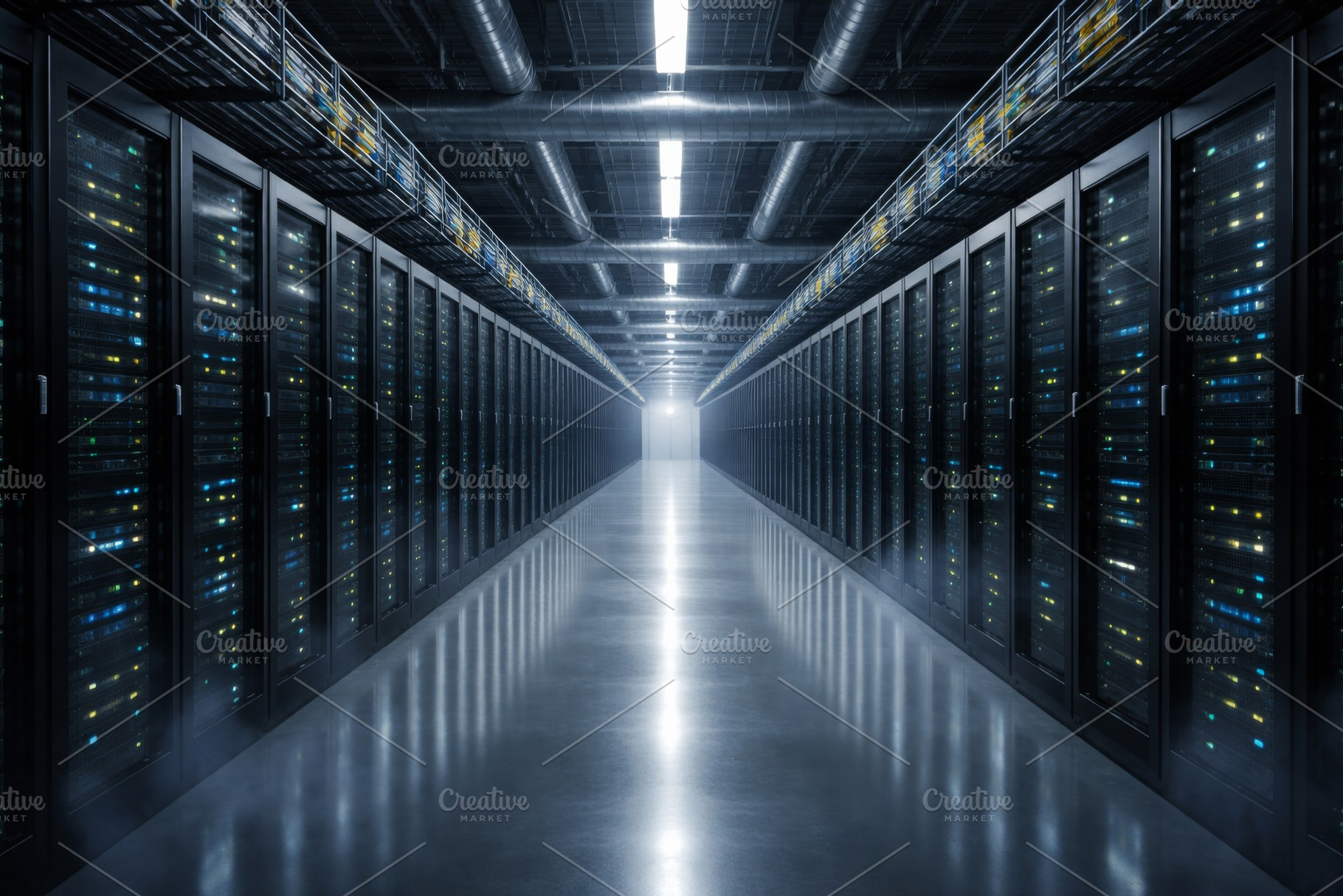 AI data center with glowing servers in a dimly lit room, sleek a, a Photo by Dvoevnore photos