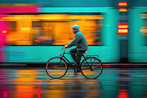 Cyclist Riding Bike Past Blurred Tra, a Photo by Pixeness Studio