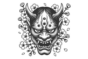 Japanese Oni Mask With Cherry, an Illustration by AlexArt